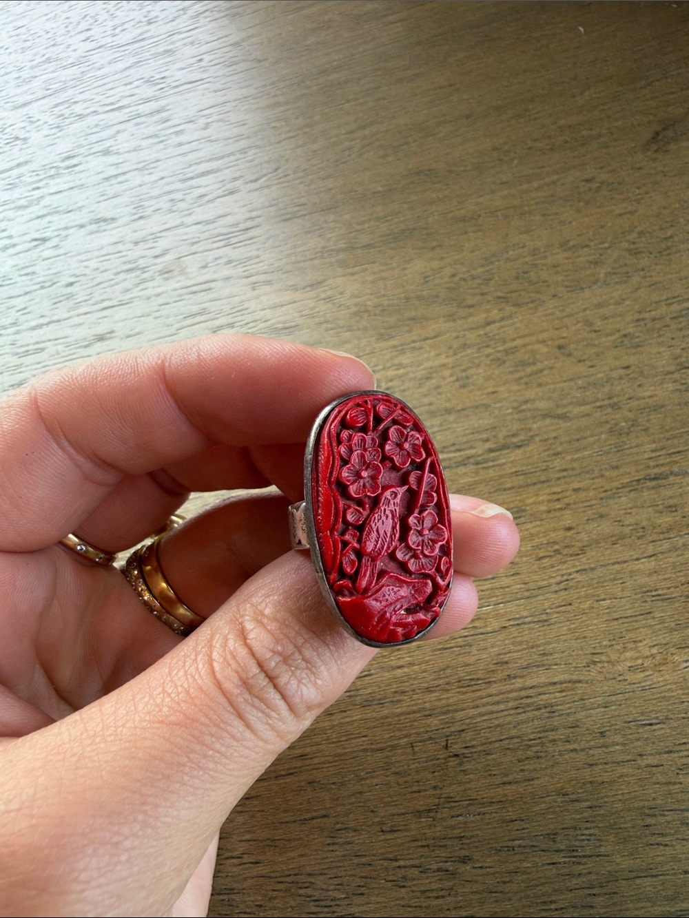 Red Cinnebar Bird and Floral ring size 7 in Sterling Silver - Women Jewelry